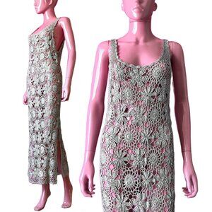 ASOS US8 Hand Crochet Midi Tank Dress Drop Armhole Silver Side Slits Open V-back
